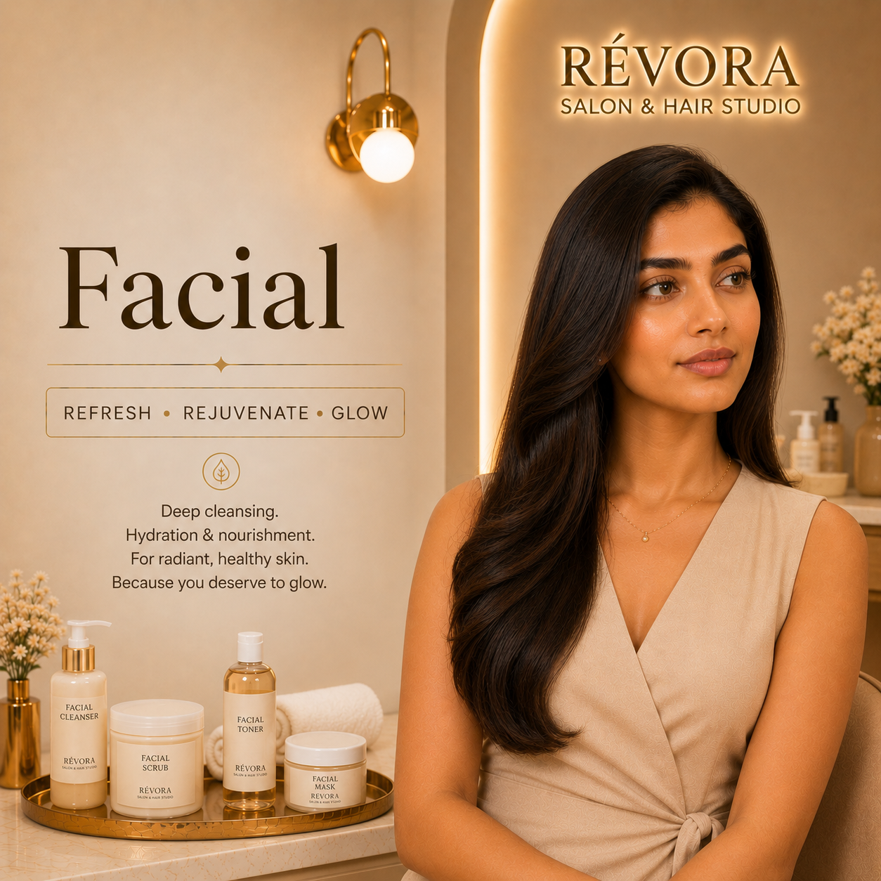 Premium Facial service at Révora Salon & Hair Studio featuring deep skin cleansing, hydration, nourishment, and a radiant, healthy complexion in a luxurious salon setting.