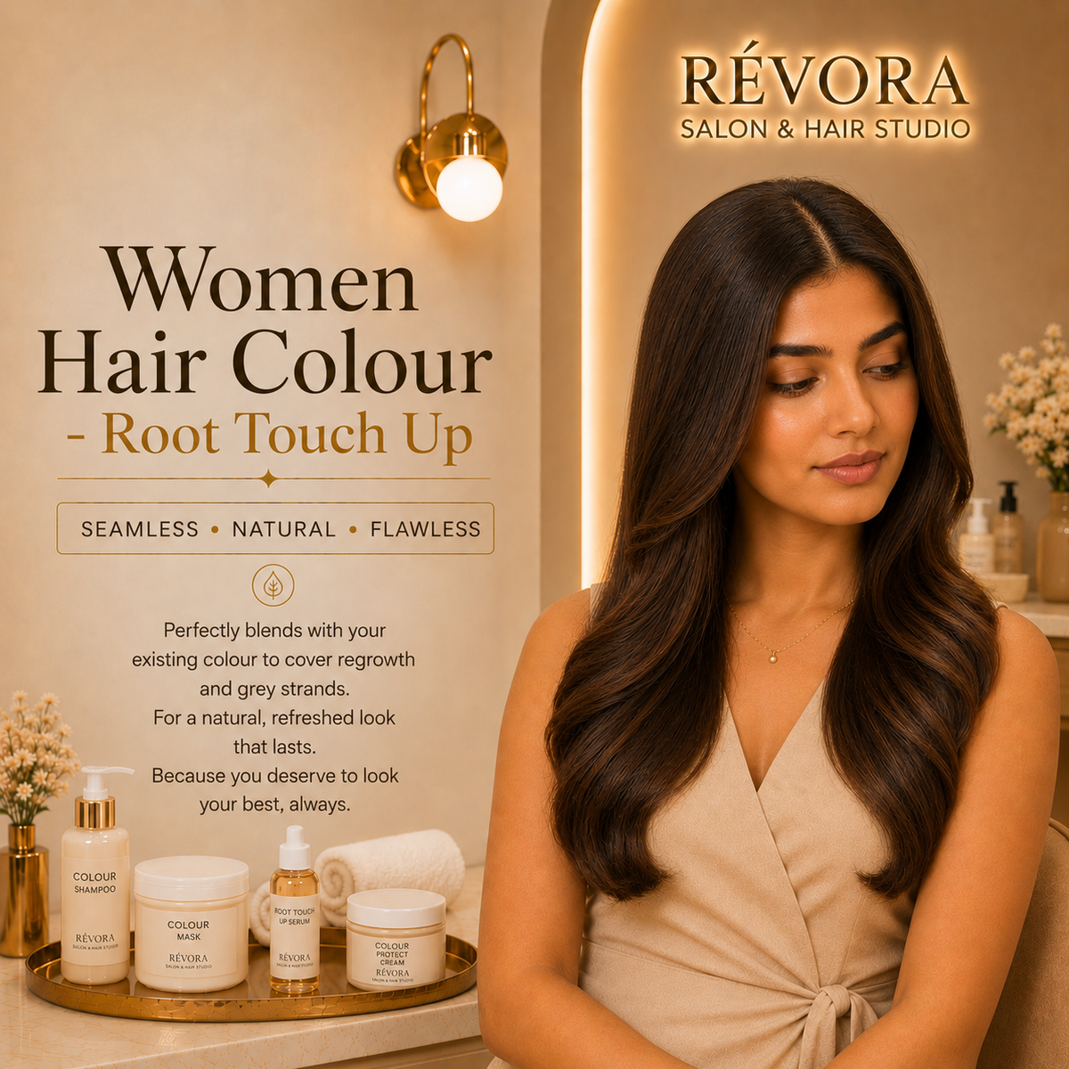Premium Women's Hair Colour – Root Touch Up service at Révora Salon & Hair Studio featuring seamless root coverage, rich hair colour, and a flawless salon finish in a luxurious salon setting.