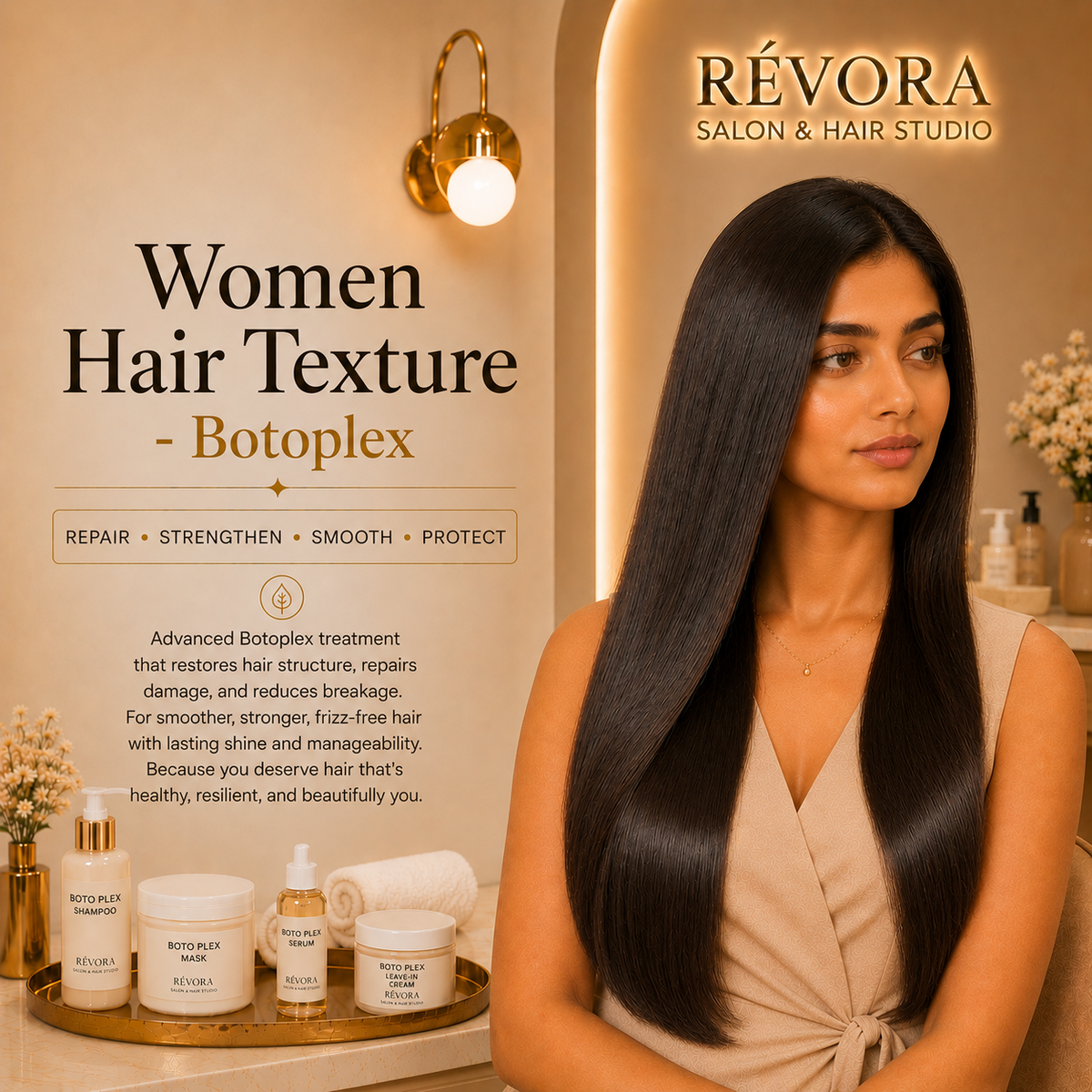 Premium Women's Hair Texture – Botoplex service at Révora Salon & Hair Studio featuring smooth, healthy, revitalized hair with enhanced shine and softness in a luxurious salon setting.