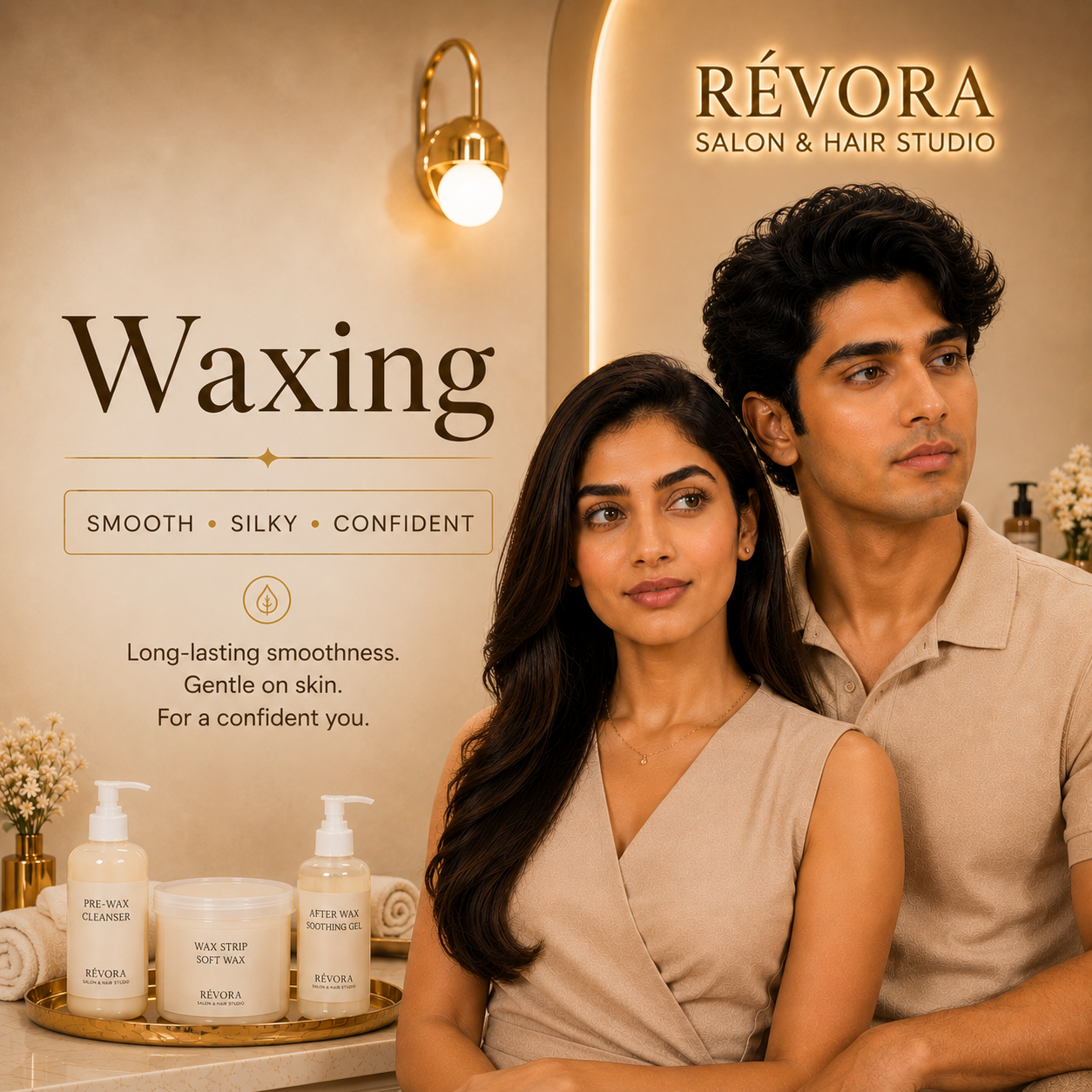 Premium Unisex Waxing service at Révora Salon & Hair Studio featuring professional body hair removal for smooth, soft, and long-lasting silky skin in a luxurious salon setting.