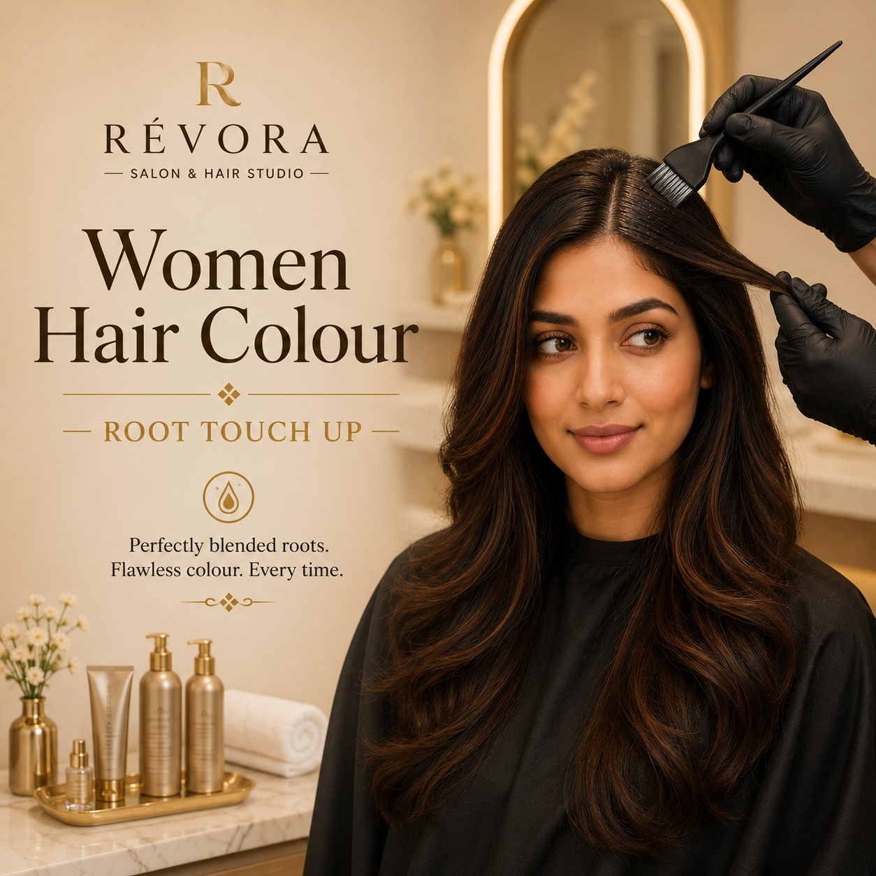 Premium Women's Hair Colour – Root Touch Up service at Révora Salon & Hair Studio featuring seamless root coverage, rich hair colour, and a flawless salon finish in a luxurious salon setting.