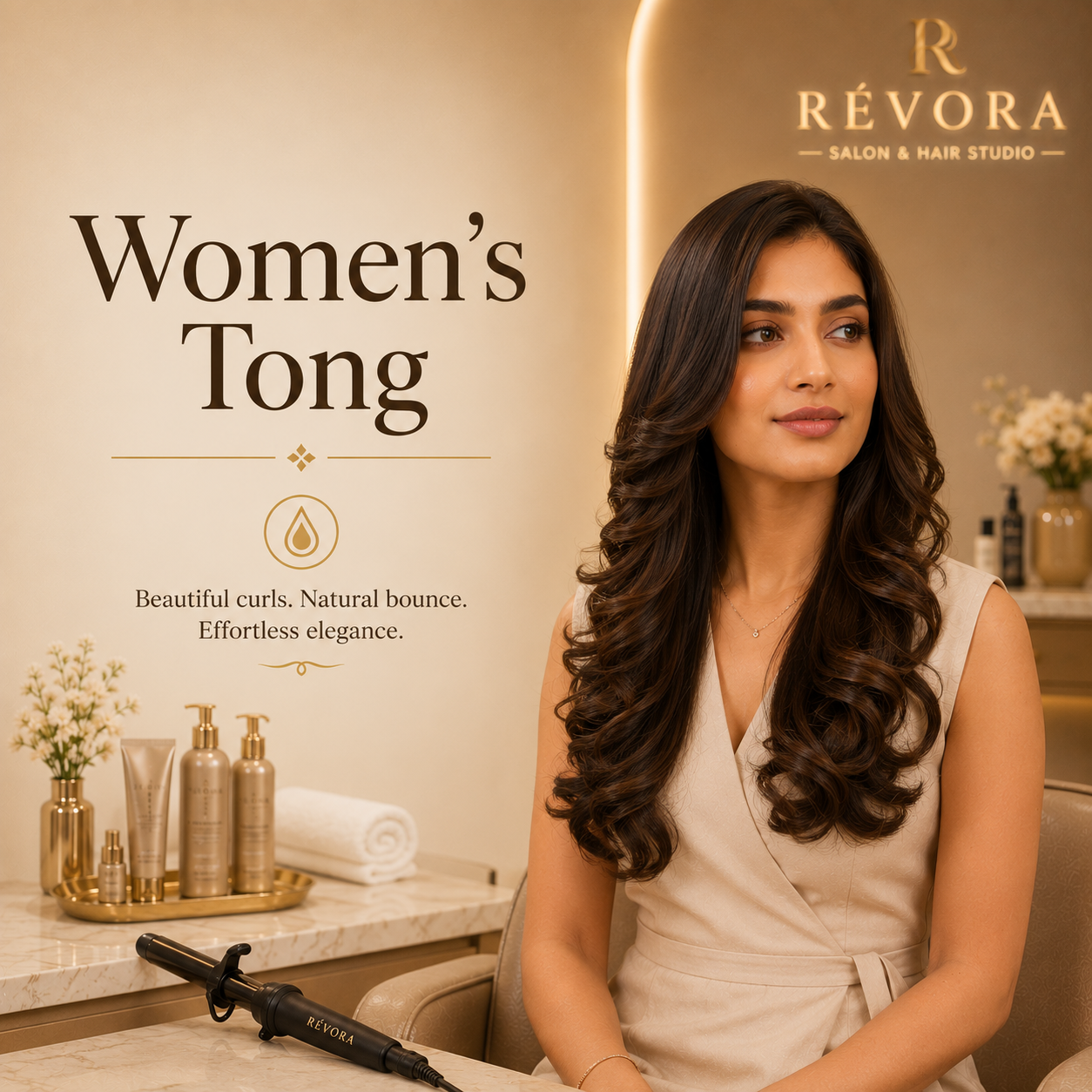 Premium Women's Tong styling service at Révora Salon & Hair Studio featuring soft, defined curls with natural bounce and long-lasting volume in a luxurious salon setting.
