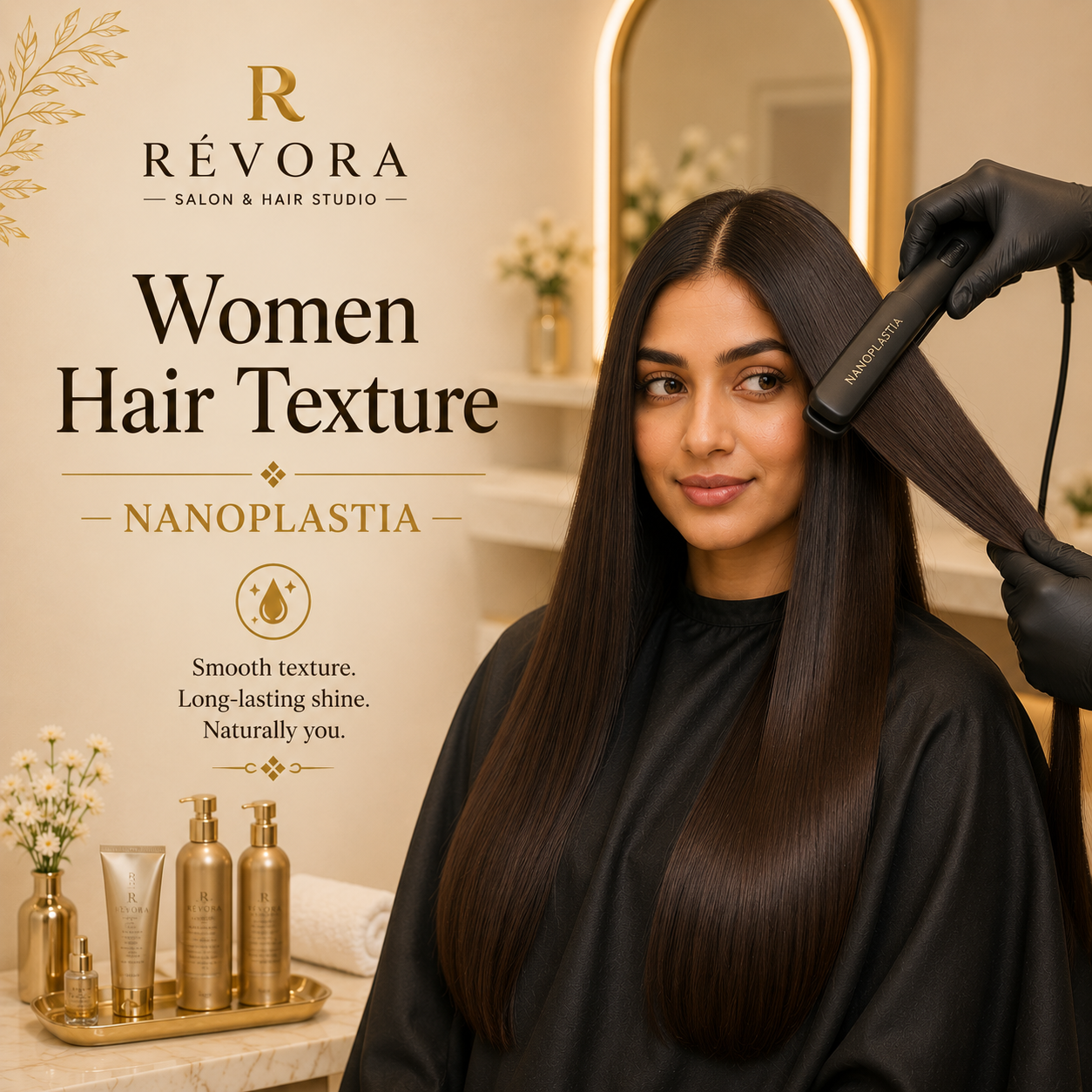 Premium Women's Hair Texture – Nanoplastia service at Révora Salon & Hair Studio featuring silky, smooth, frizz-free hair with a natural glossy finish in a luxurious salon setting.