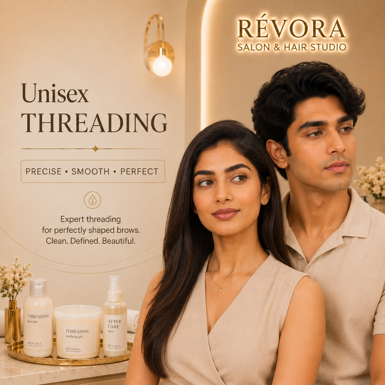 Premium Unisex Threading service at Révora Salon & Hair Studio featuring precise eyebrow and facial threading for clean, well-defined features in a luxurious salon setting.