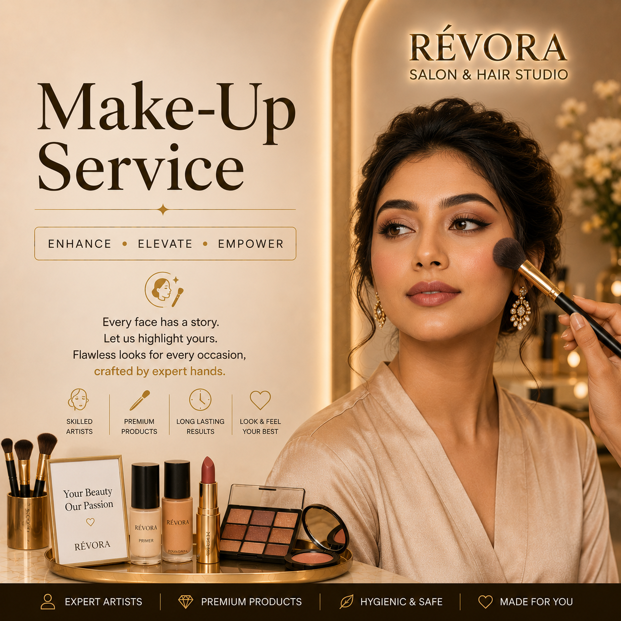 Premium Make-Up Service at Révora Salon & Hair Studio featuring professional bridal, party, engagement, and occasion makeup with a flawless, long-lasting finish in a luxurious salon setting.