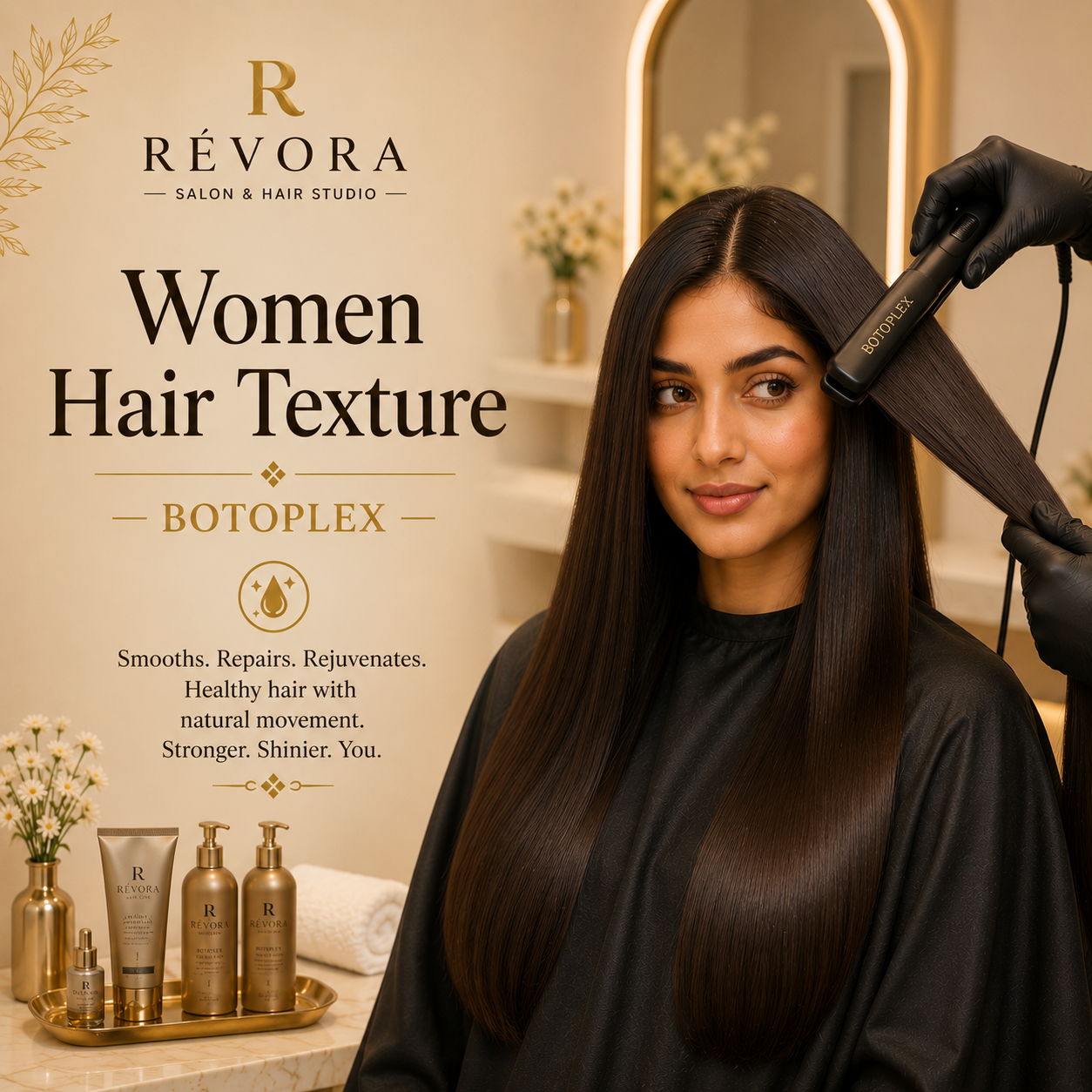 Premium Women's Hair Texture – Botoplex service at Révora Salon & Hair Studio featuring smooth, healthy, revitalized hair with enhanced shine and softness in a luxurious salon setting.