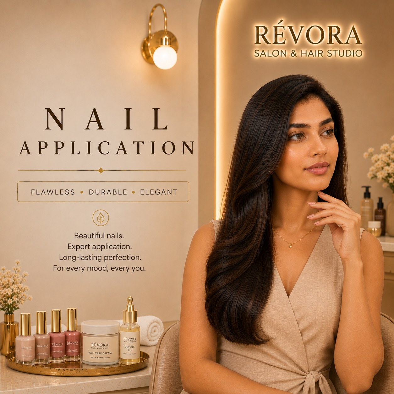 Premium Nail Application service at Révora Salon & Hair Studio featuring professionally applied nail extensions and artificial nails with a flawless, long-lasting salon finish.