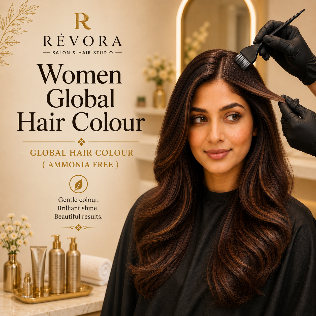 Premium Women's Global Hair Colour (Ammonia Free) service at Révora Salon & Hair Studio featuring rich, vibrant hair colour with gentle ammonia-free colour technology for healthy, shiny hair in a luxurious salon setting.