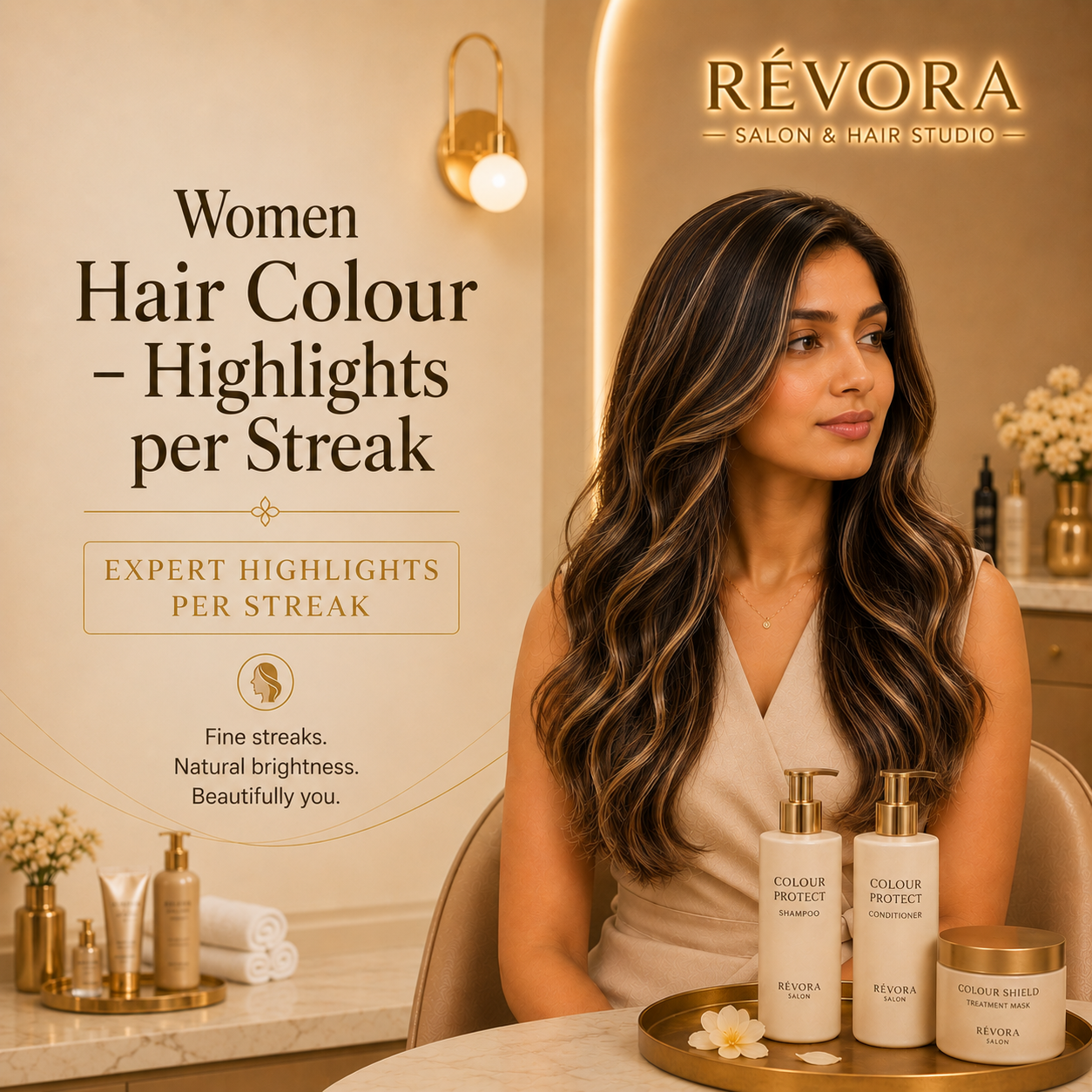 Premium Women's Hair Colour – Highlights Per Streak service at Révora Salon & Hair Studio featuring individually coloured hair streaks that add dimension, contrast, and vibrant style with a professional salon finish.