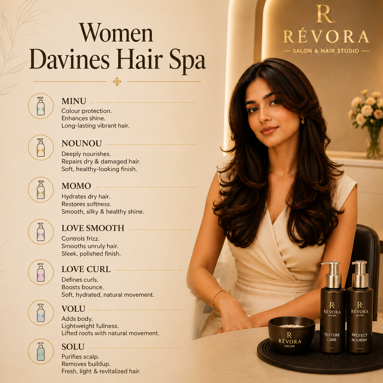 Premium Women's Davines Hair Spa at Révora Salon & Hair Studio featuring personalized Davines professional treatments including MINU, NOUNOU, MOMO, LOVE Smooth, LOVE Curl, VOLU, and SOLU for healthy, nourished, and beautiful hair.