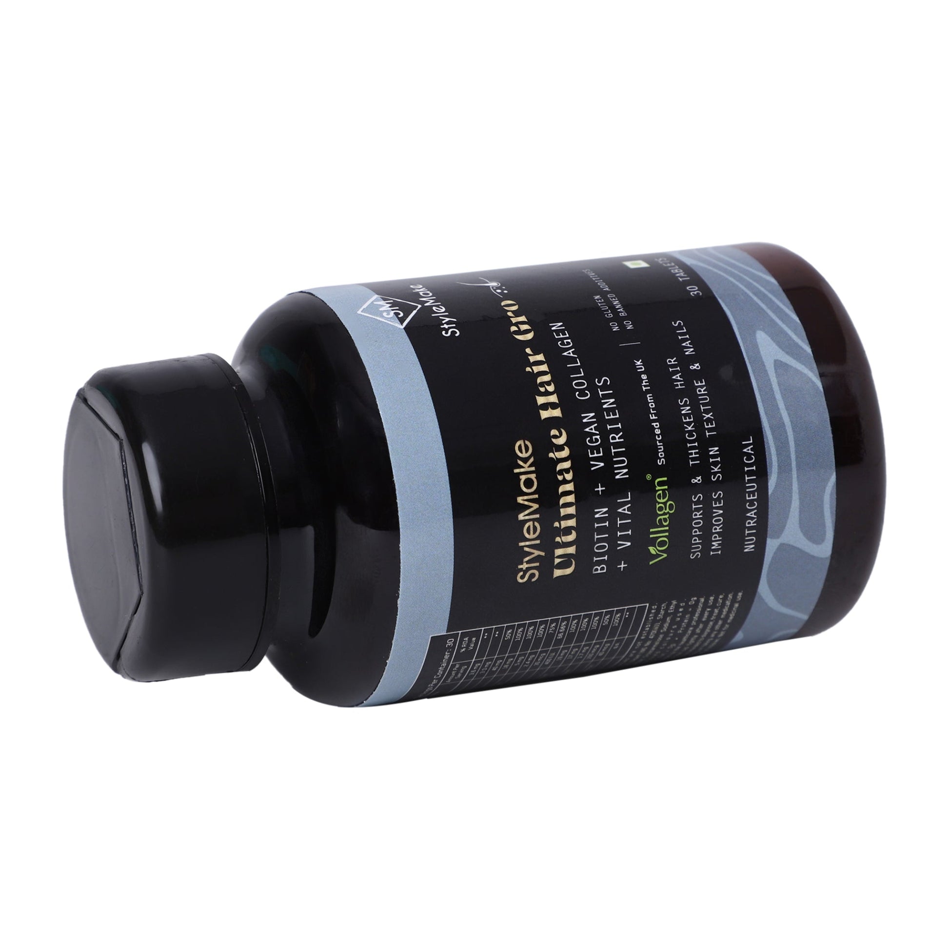 StyleMake Ultimate Hair Gro Vitamin for Men Biotin + Vegan Collagen from UK offers a powerful combination of clinically studied Biotin and UK sourced Vegan Collagen to reduce hair loss and promote regrowth. These tablets are designed to help support the health of men's scalp, nourish the hair follicles, and promote thicker, fuller locks.