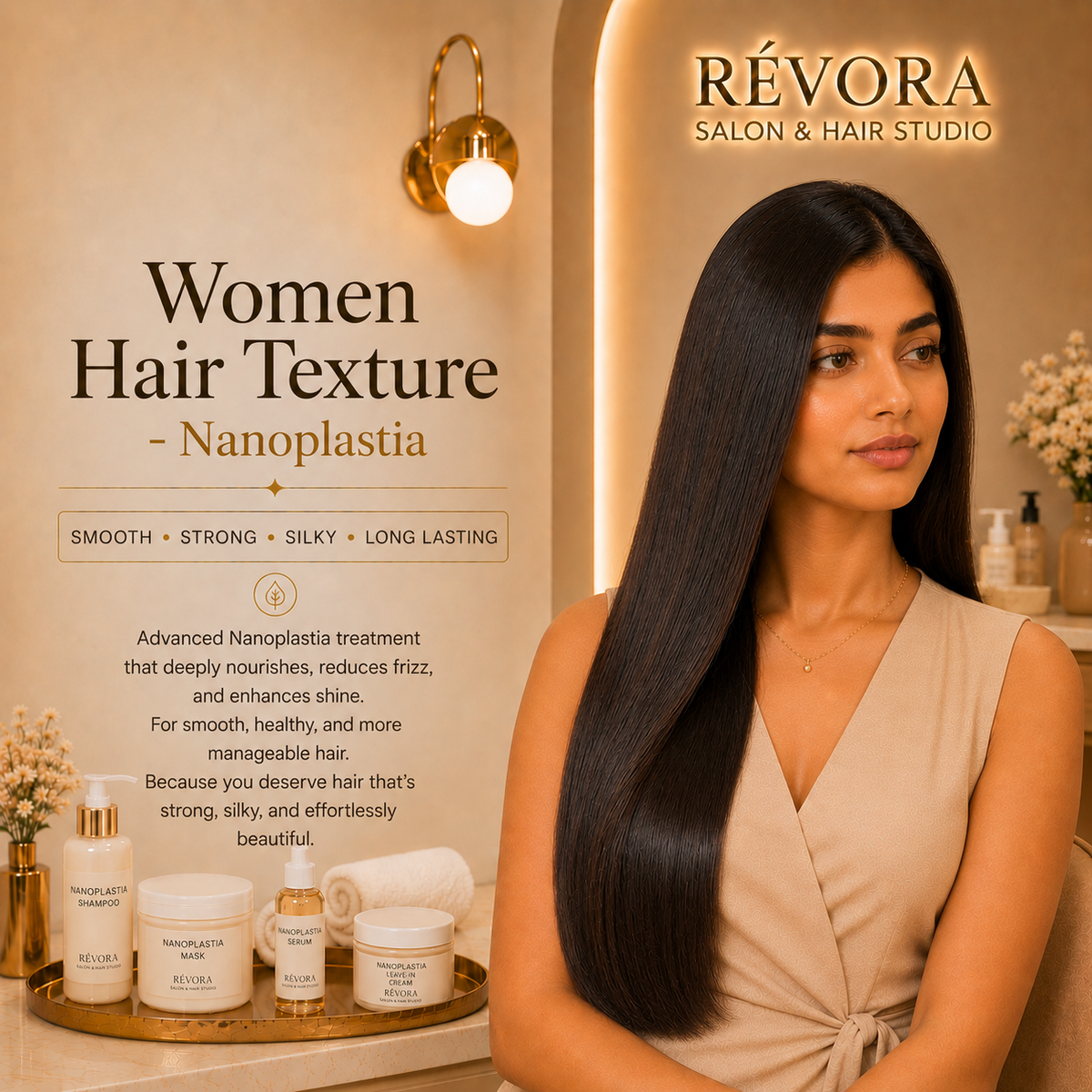 Premium Women's Hair Texture – Nanoplastia service at Révora Salon & Hair Studio featuring silky, smooth, frizz-free hair with a natural glossy finish in a luxurious salon setting.
