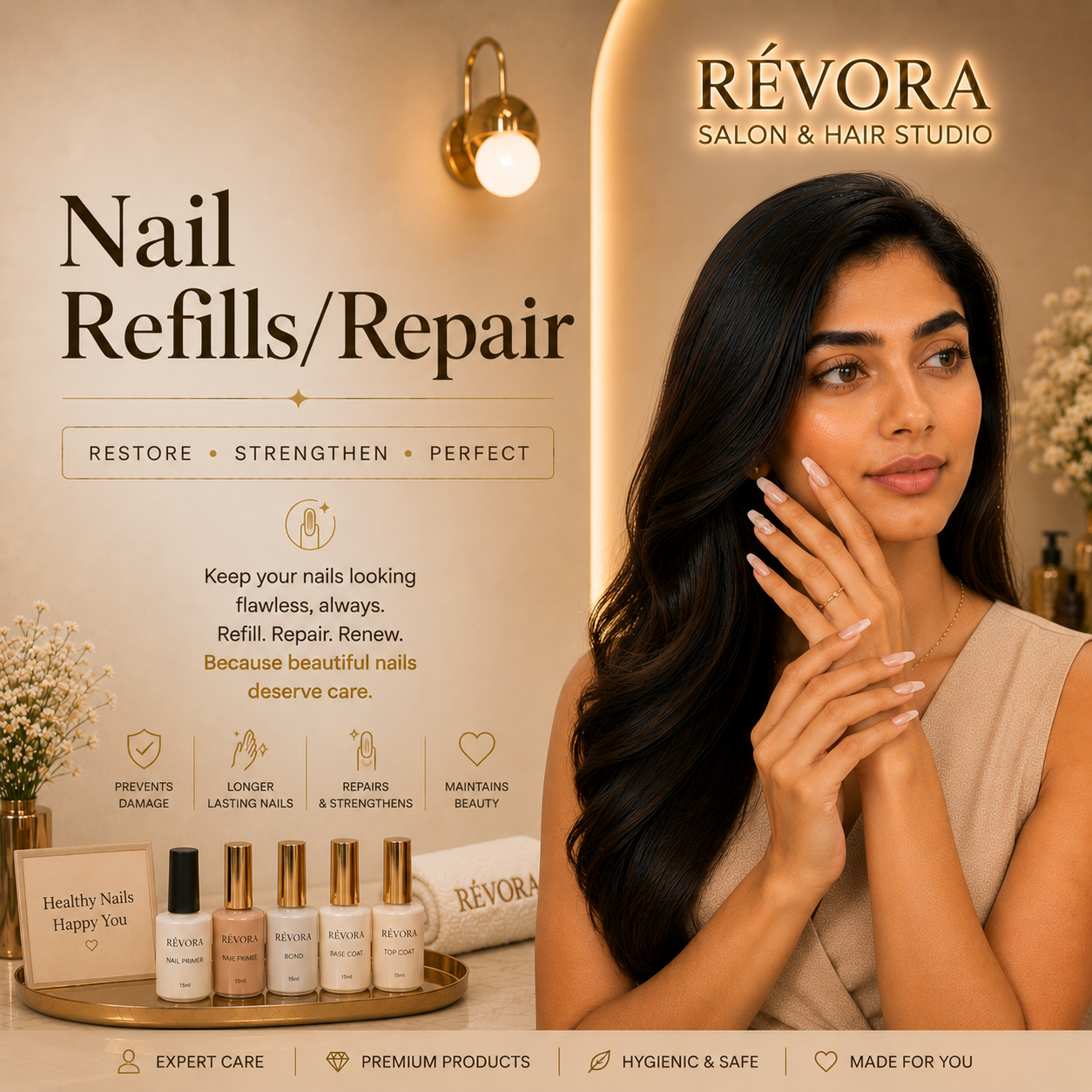 Premium Nail Refills & Repair service at Révora Salon & Hair Studio featuring professional nail maintenance, extension repairs, seamless refills, and beautifully restored nails with a flawless salon finish.