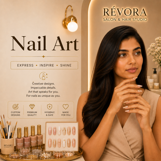 Premium Nail Art service at Révora Salon & Hair Studio featuring creative nail designs, intricate detailing, and beautifully customized nails with a luxurious salon finish.