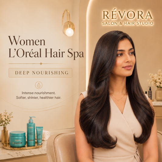 Premium Women's L'Oréal Hair Spa – Deep Nourishing treatment at Révora Salon & Hair Studio featuring intensive hydration, deep nourishment, and healthy, silky, shiny hair in a luxurious salon setting.
