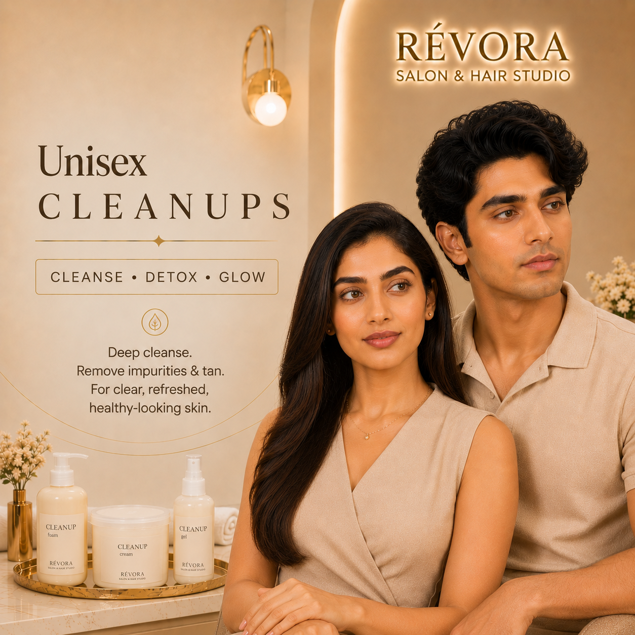Premium Unisex Clean-Up service at Révora Salon & Hair Studio featuring deep skin cleansing, gentle exfoliation, tan removal, and a fresh, radiant complexion in a luxurious salon setting.