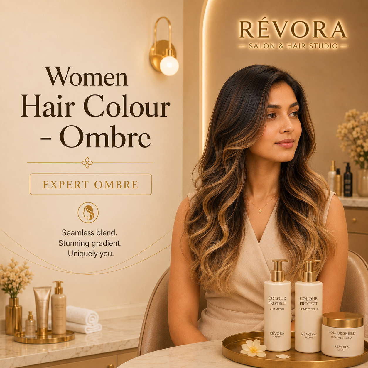 Premium Women's Hair Colour – Ombre service at Révora Salon & Hair Studio featuring a seamless dark-to-light hair colour transition with rich dimension, glossy shine, and a luxurious salon finish.