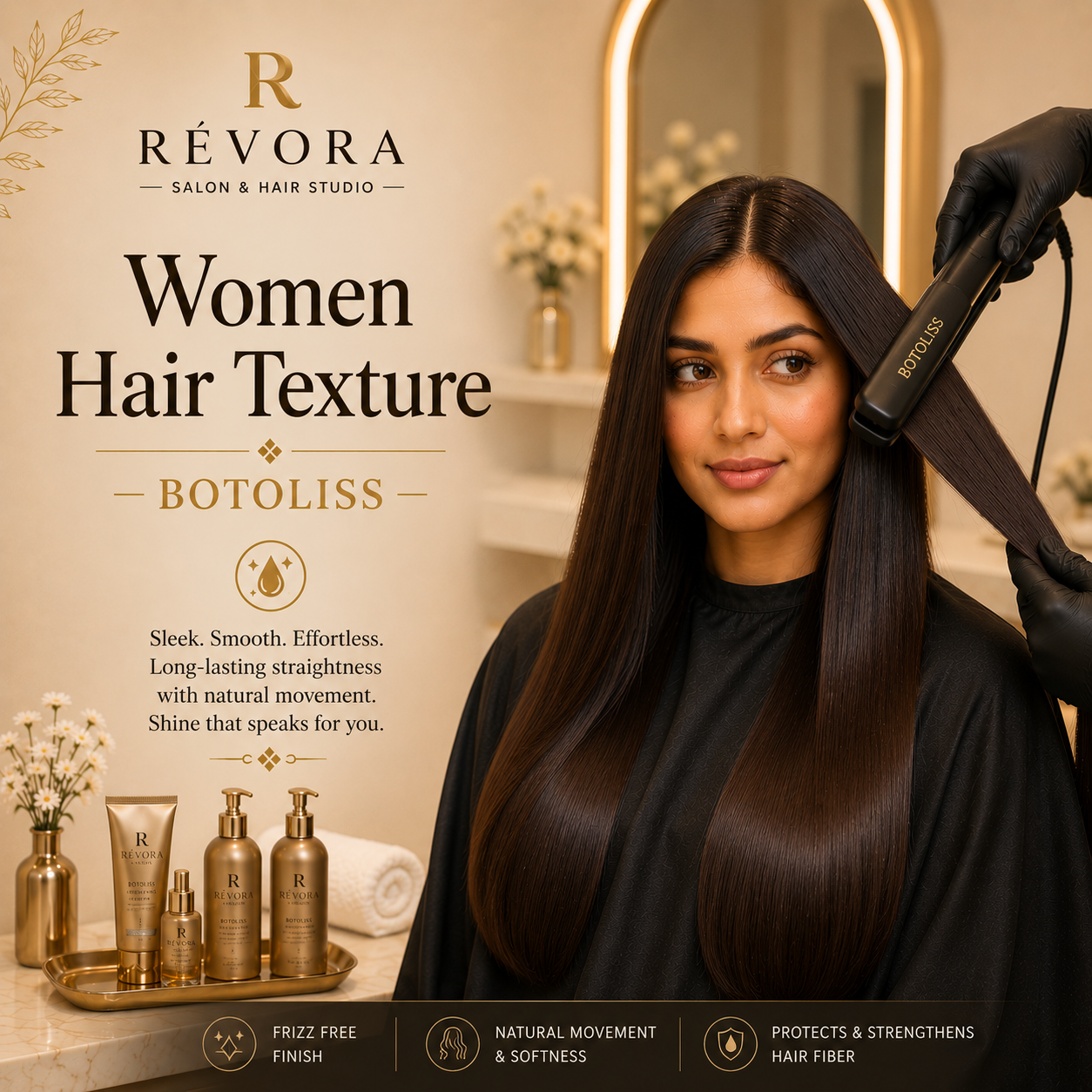 Premium Women's Hair Texture – Botoliss service at Révora Salon & Hair Studio featuring smooth, sleek, frizz-free hair with a glossy, salon-perfect finish in a luxurious salon setting.