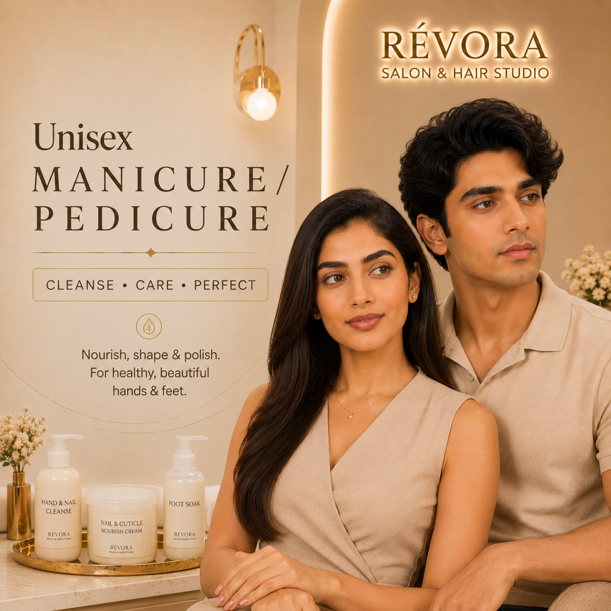 Premium Unisex Manicure & Pedicure service at Révora Salon & Hair Studio featuring professional nail care, deep cleansing, exfoliation, and beautifully groomed hands and feet in a luxurious salon setting.