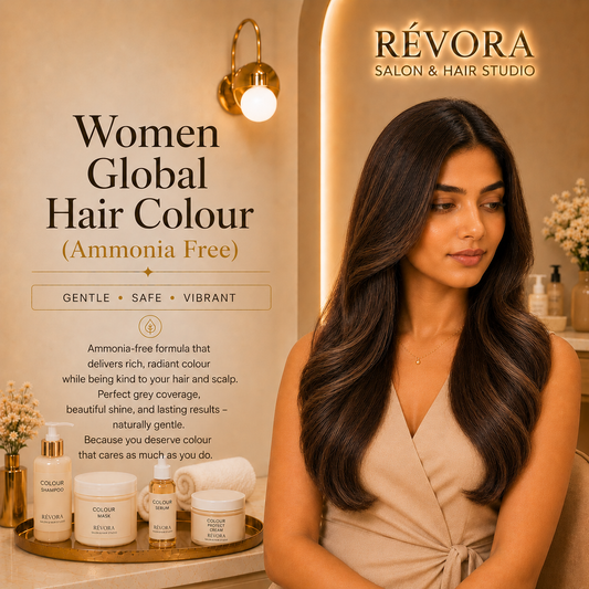 Premium Women's Global Hair Colour (Ammonia Free) service at Révora Salon & Hair Studio featuring rich, vibrant hair colour with gentle ammonia-free colour technology for healthy, shiny hair in a luxurious salon setting.