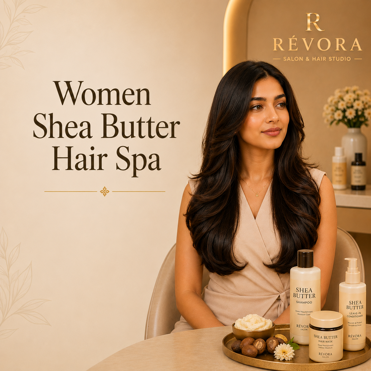 Premium Women's Shea Butter Hair Spa at Révora Salon & Hair Studio featuring deep nourishment, intense hydration, frizz control, and silky, healthy hair in a luxurious salon setting.
