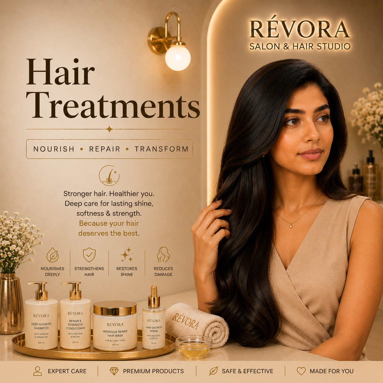 Premium Hair Treatments at Révora Salon & Hair Studio featuring professional hair repair, deep nourishment, hydration, scalp care, and healthier, stronger, shinier hair in a luxurious salon setting.