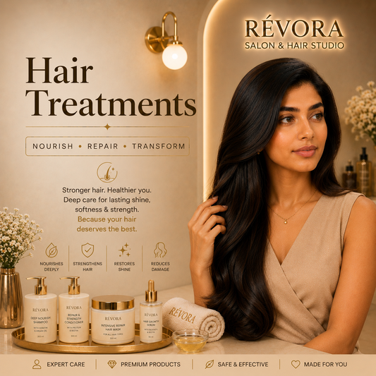 Premium Hair Treatments at Révora Salon & Hair Studio featuring professional hair repair, deep nourishment, hydration, scalp care, and healthier, stronger, shinier hair in a luxurious salon setting.