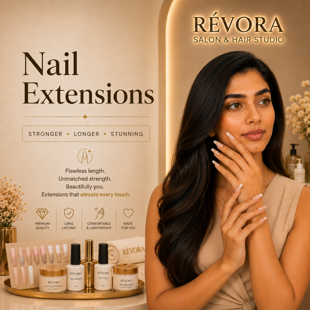 Premium Nail Extensions service at Révora Salon & Hair Studio featuring professionally applied nail extensions with elegant shapes, long-lasting durability, and a flawless salon finish.