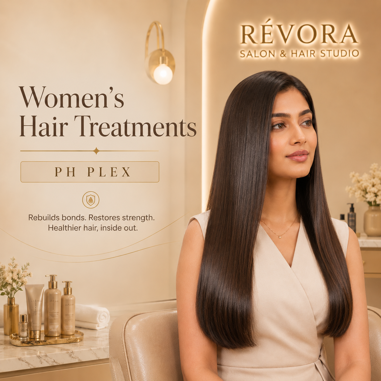 Premium Women's Hair Treatment – pH Plex service at Révora Salon & Hair Studio featuring deep hair repair, strengthened hair fibres, enhanced shine, and healthier-looking hair in a luxurious salon setting.