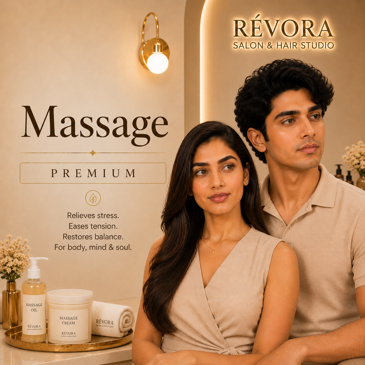 Premium Unisex Massage service at Révora Salon & Hair Studio featuring professional full-body massage for deep relaxation, stress relief, muscle recovery, and overall wellness in a luxurious spa-inspired salon setting.