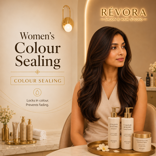 Premium Women's Colour Sealing treatment at Révora Salon & Hair Studio featuring colour protection, enhanced shine, longer-lasting hair colour, and healthy, vibrant hair in a luxurious salon setting.