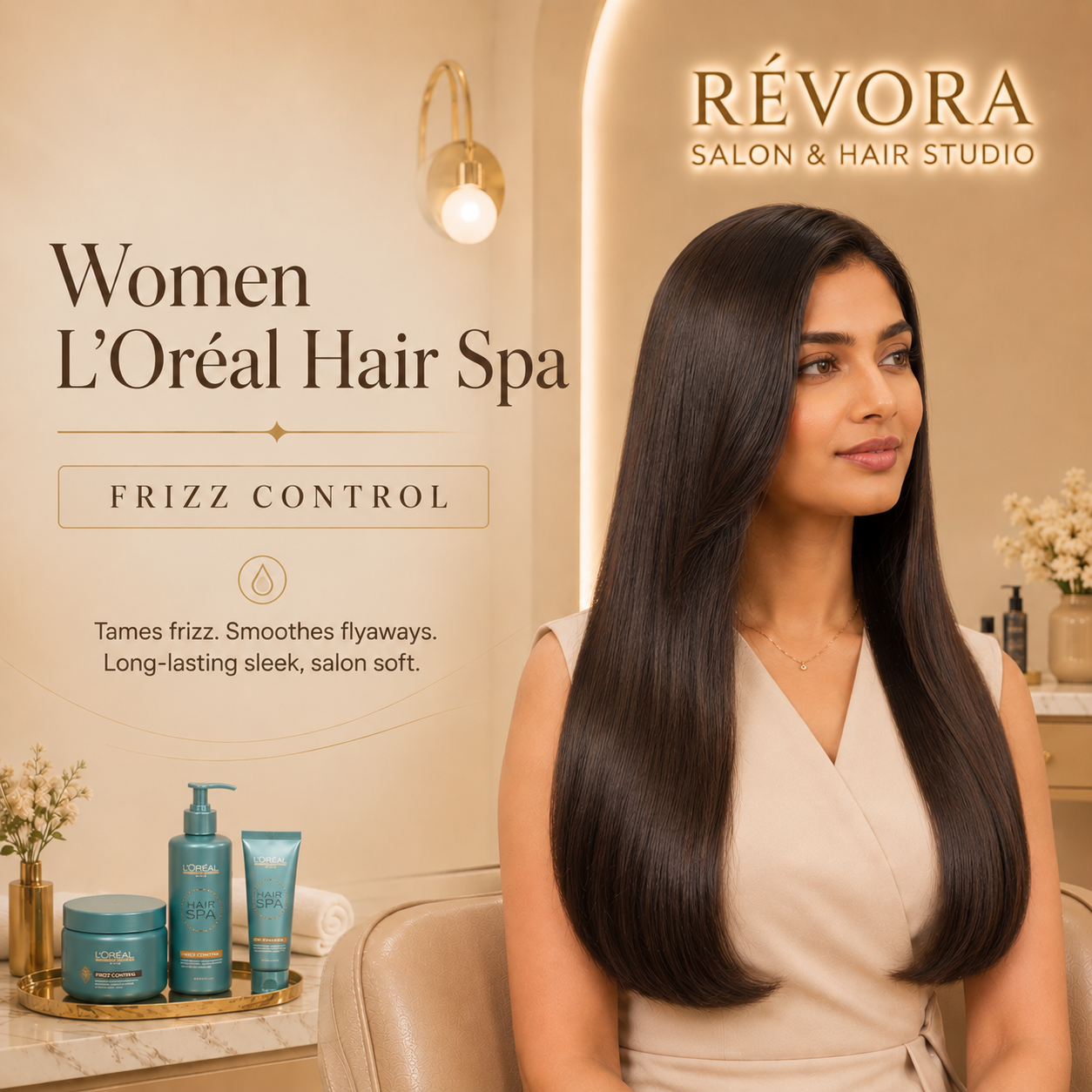 Premium Women's L'Oréal Hair Spa – Frizz Control treatment at Révora Salon & Hair Studio featuring smooth, frizz-free, deeply nourished hair with enhanced shine in a luxurious salon setting.
