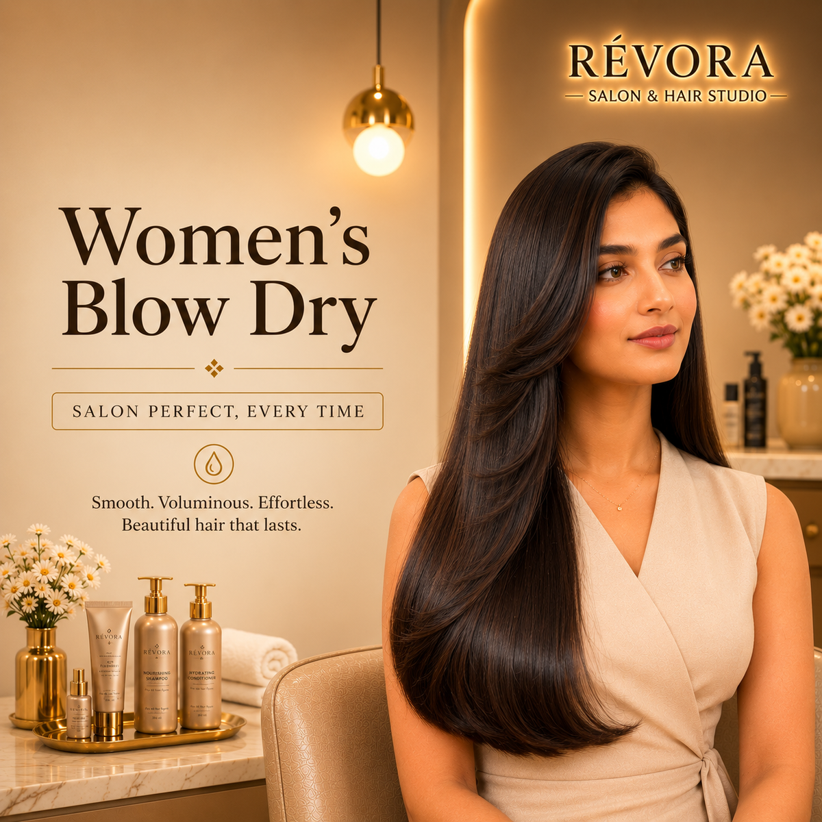 Luxury Women's Blow Dry service at Révora Salon & Hair Studio featuring professional blow-dry styling for smooth, voluminous, and polished hair in a premium salon environment.