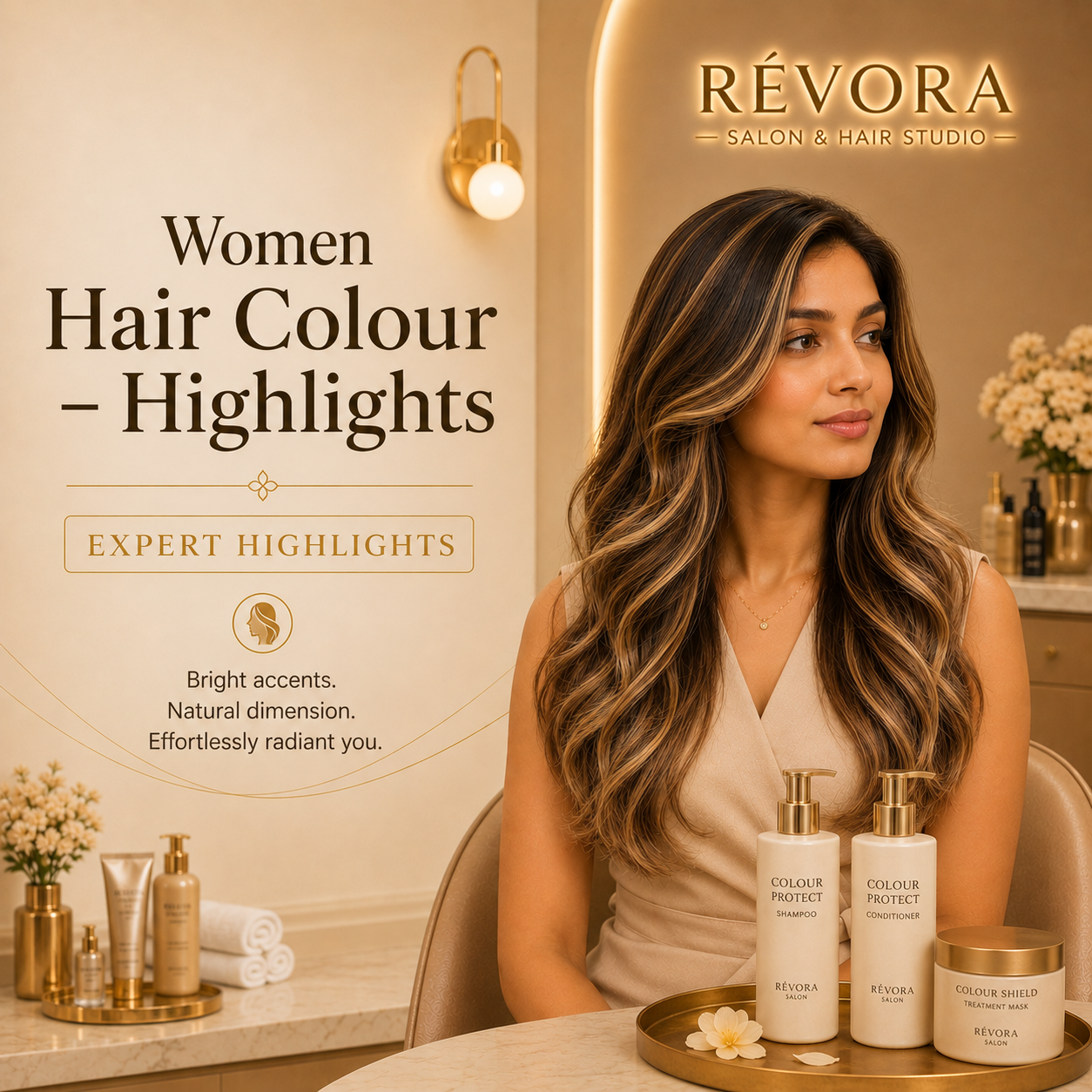 Premium Women's Hair Colour – Highlights service at Révora Salon & Hair Studio featuring professionally placed highlights that add brightness, dimension, shine, and a luxurious salon finish.