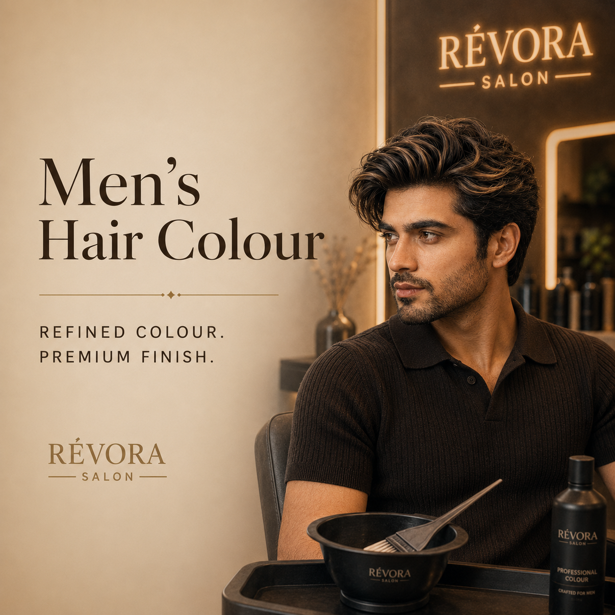 Men’s hair colour service at Révora Salon & Hair Studio with premium highlights, global colour and professional colour finish for men