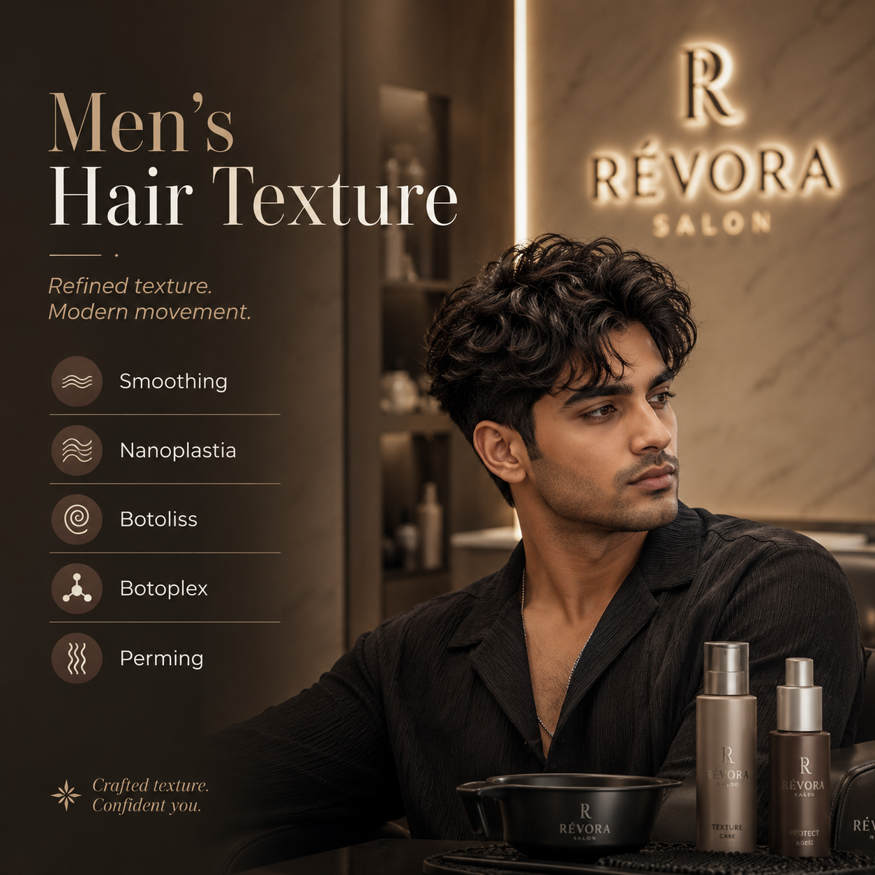 Men’s hair texture service at Révora Salon with smoothing, nanoplastia, botoliss, botoplex and perming for textured hair styling