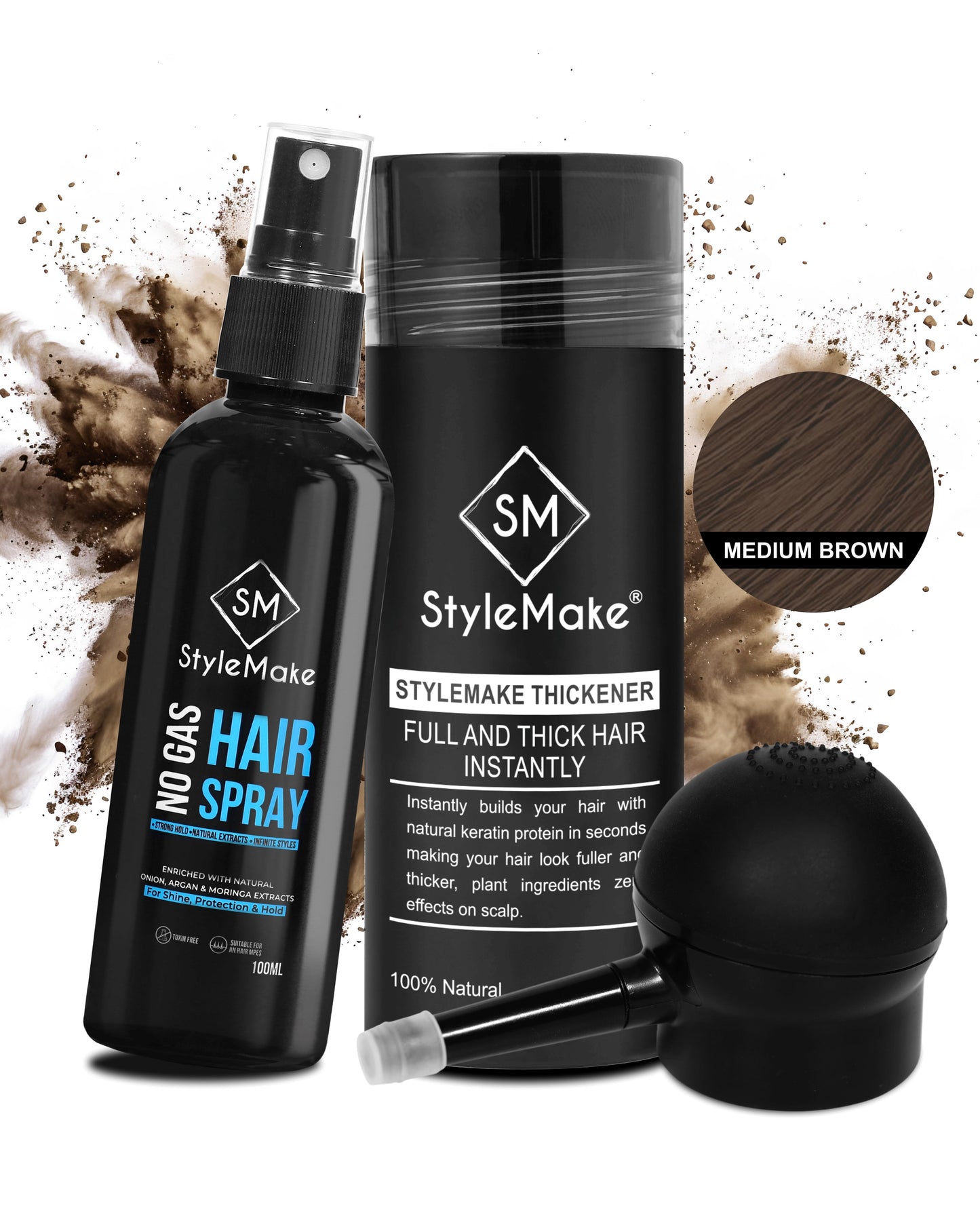 StyleMake Thickener Hair Fibers 28g + StyleMake Hair Lock Spray 100 ml + StyleMake Applicator / Pump — The Ultimate Trio