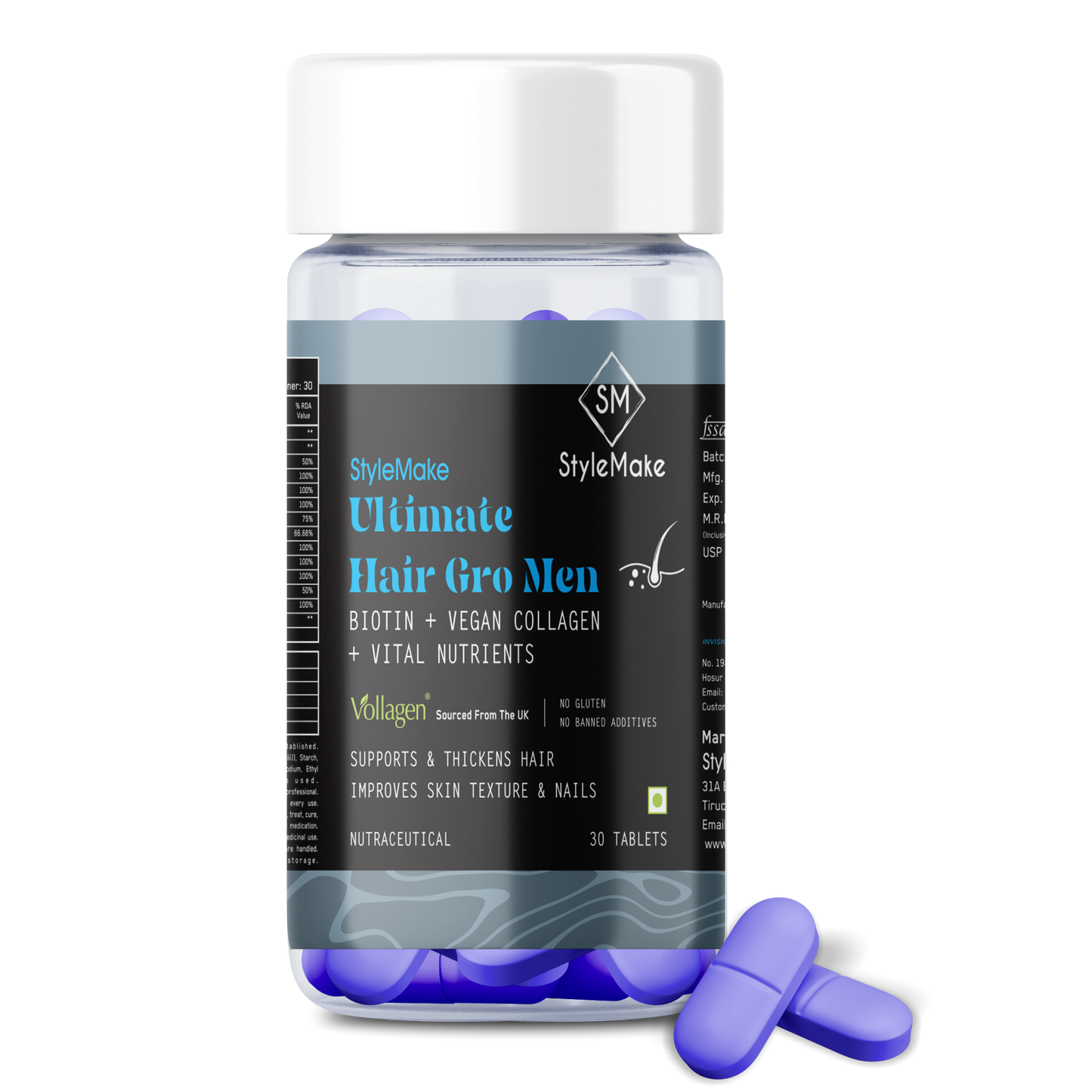 StyleMake Ultimate Hair Gro Vitamin for Men Biotin + Vegan Collagen from UK | Reduce Hair Loss and Promote Regrowth - 30 Tablets