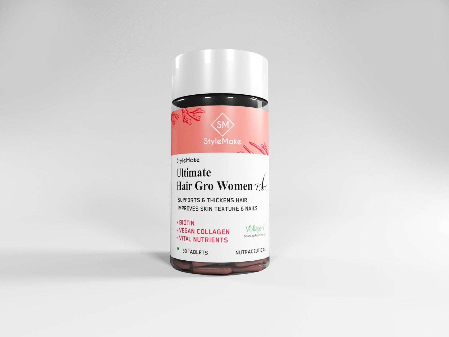 StyleMake Ultimate Hair Gro Vitamin for Women | Premium Formula with Biotin + Vegan Collagen from the UK | Reduces Hair Loss, Promotes Regrowth, Enhances Skin & Nail Health | 30 Tablets