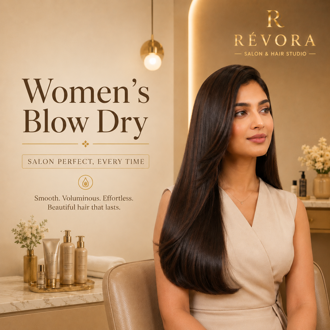 Luxury Women's Blow Dry service at Révora Salon & Hair Studio featuring professional blow-dry styling for smooth, voluminous, and polished hair in a premium salon environment.