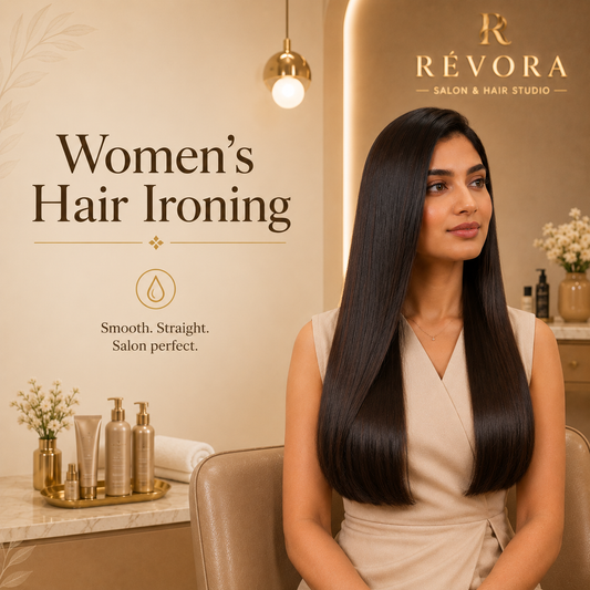 Premium Women's Hair Ironing service at Révora Salon & Hair Studio featuring sleek, silky straight hair with a smooth salon finish in a luxurious salon setting.