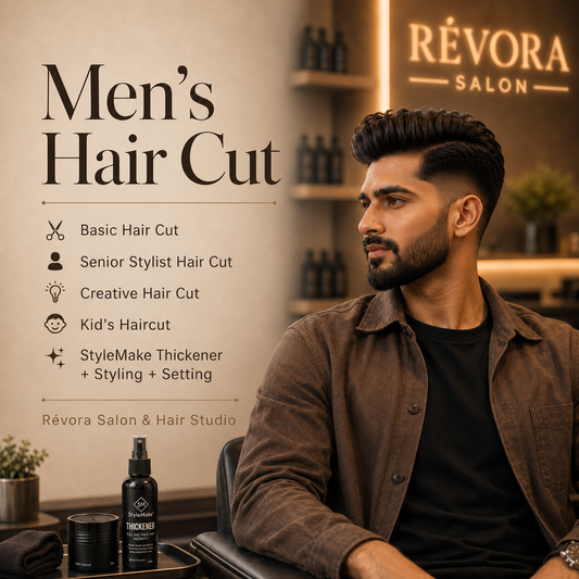 Men’s haircut Koramangala, men’s hair cut Bengaluru, men’s salon Koramangala, best men’s haircut near me, senior stylist haircut, creative haircut for men, kid’s haircut Bengaluru, men’s grooming salon, StyleMake Thickener styling, Révora Salon Koramangala.