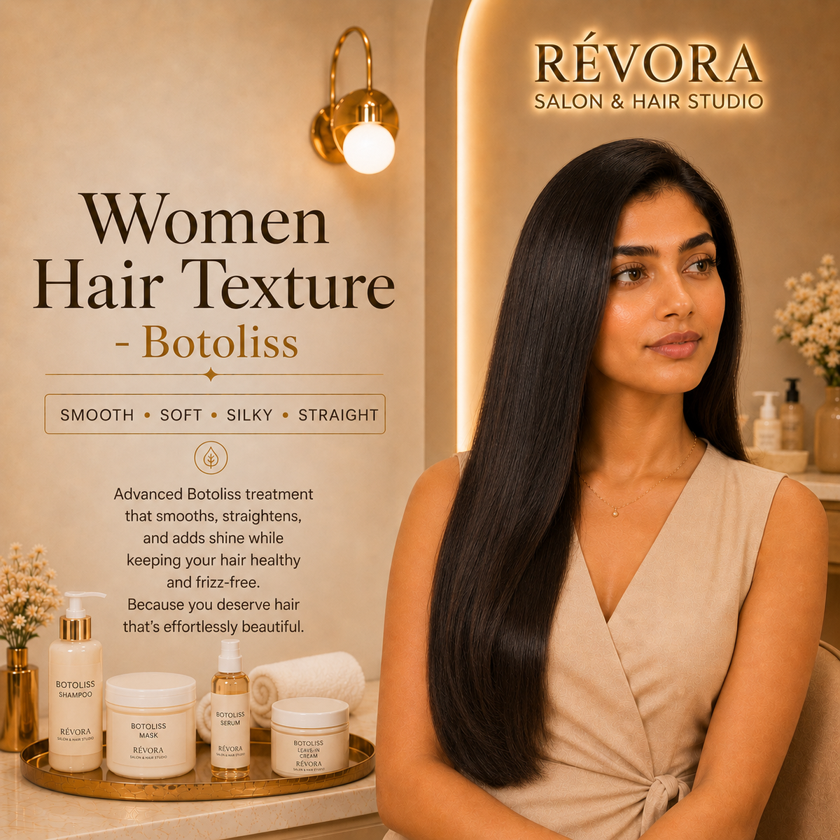 Premium Women's Hair Texture – Botoliss service at Révora Salon & Hair Studio featuring smooth, sleek, frizz-free hair with a glossy, salon-perfect finish in a luxurious salon setting.