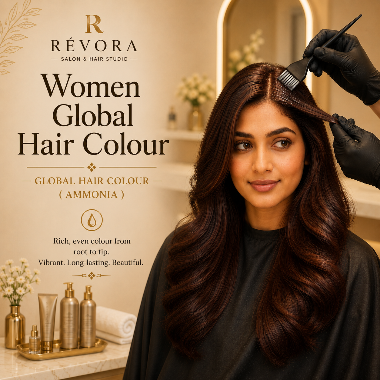 Premium Women's Global Hair Colour (Ammonia) service at Révora Salon & Hair Studio featuring rich, even hair colour from root to tip, applied by a professional stylist in a luxurious salon setting.
