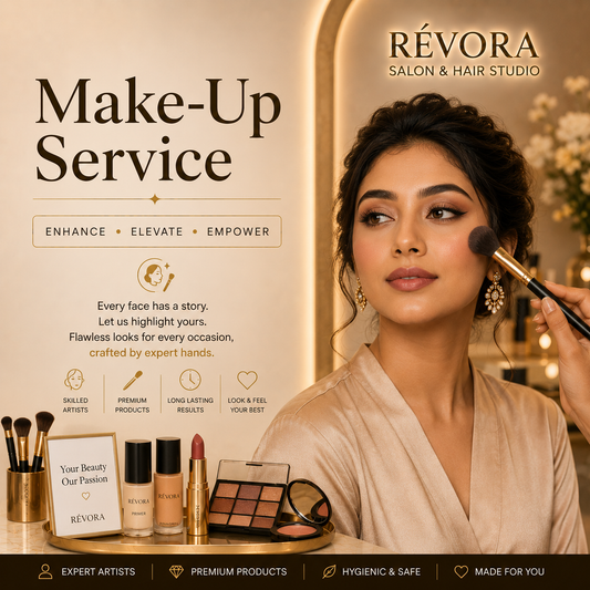 Premium Make-Up Service at Révora Salon & Hair Studio featuring professional bridal, party, engagement, and occasion makeup with a flawless, long-lasting finish in a luxurious salon setting.