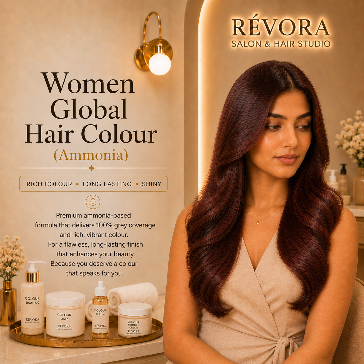 Premium Women's Global Hair Colour (Ammonia) service at Révora Salon & Hair Studio featuring rich, even hair colour from root to tip, applied by a professional stylist in a luxurious salon setting.
