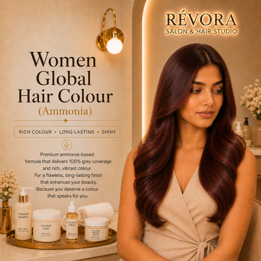 Premium Women's Global Hair Colour (Ammonia) service at Révora Salon & Hair Studio featuring rich, even hair colour from root to tip, applied by a professional stylist in a luxurious salon setting.