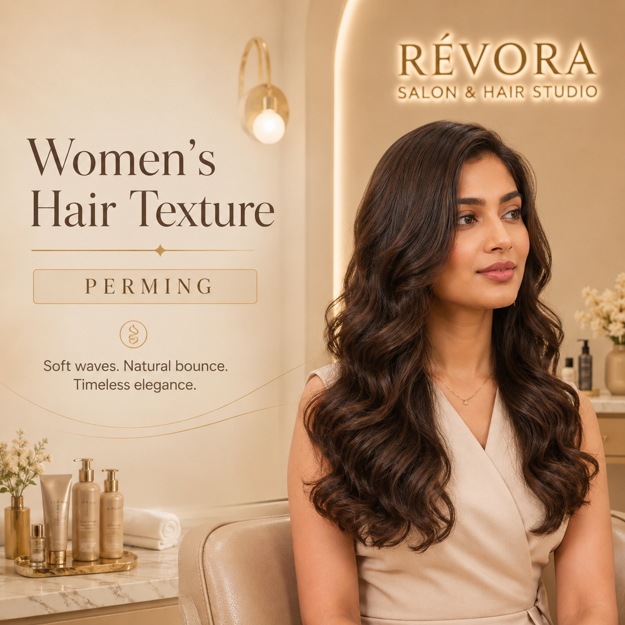 Premium Women's Hair Texture – Perming service at Révora Salon & Hair Studio featuring soft, defined curls with natural movement, volume, and a luxurious salon finish.