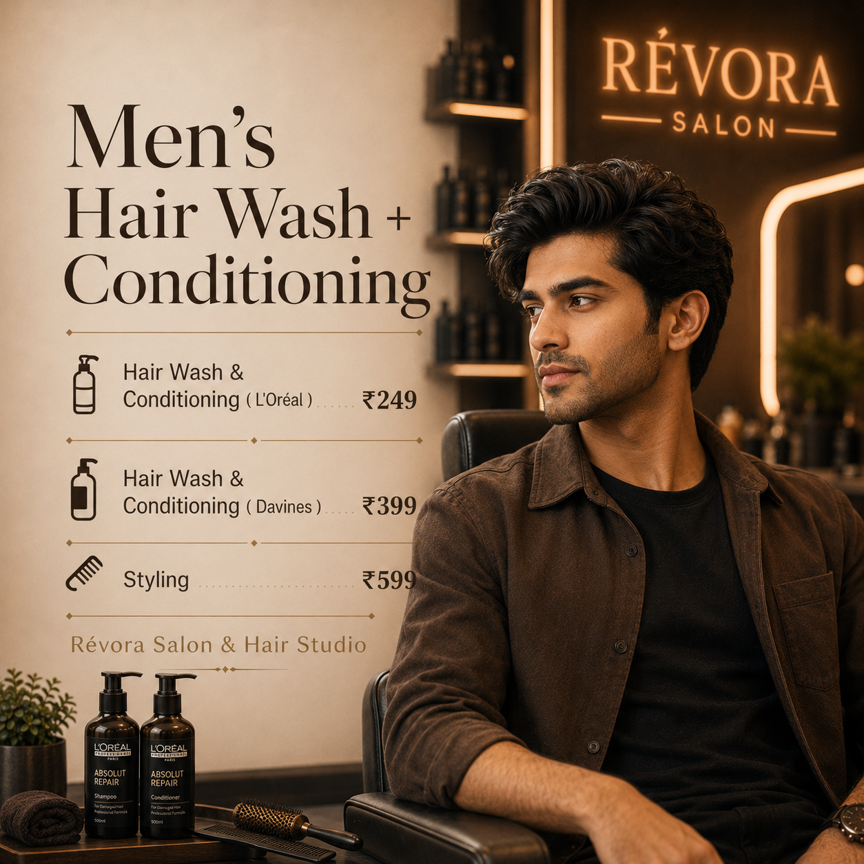 Men’s hair wash and conditioning service at Révora Salon & Hair Studio with L’Oréal, Davines hair care and styling for men
