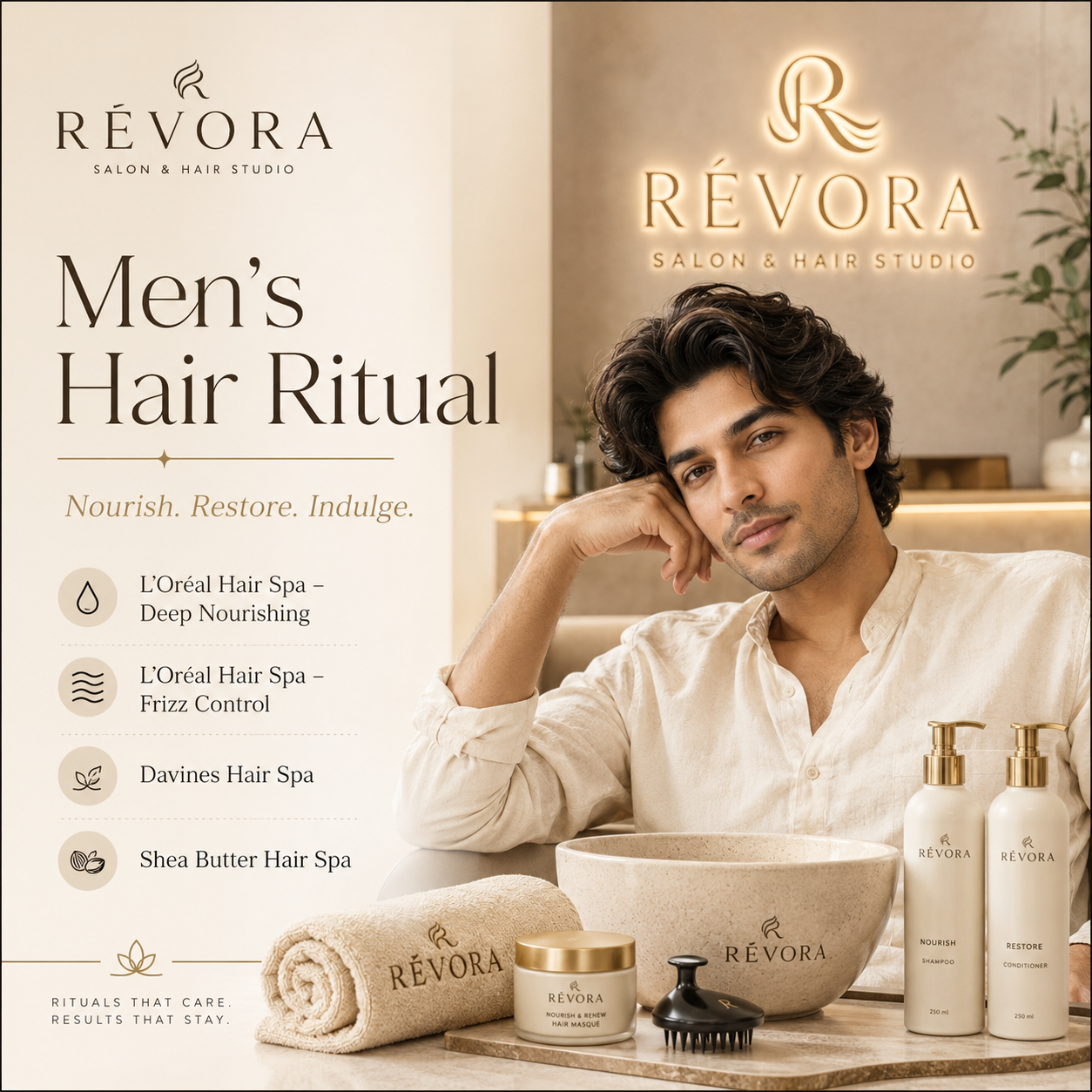 Men’s hair ritual service at Révora Salon & Hair Studio featuring hair spa, deep nourishing, frizz control and premium hair care treatment